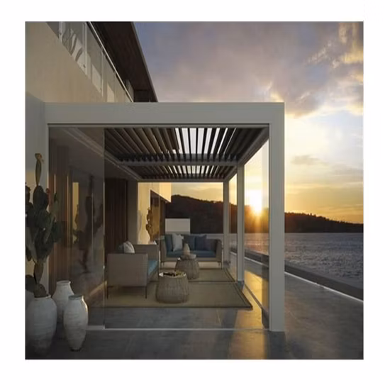 정원 가구 태양 그늘 방수 전기 슬레이트 지붕 금속 천막 정원 전망대 사이드 커튼이 있는 전동 알루미늄 Pergola